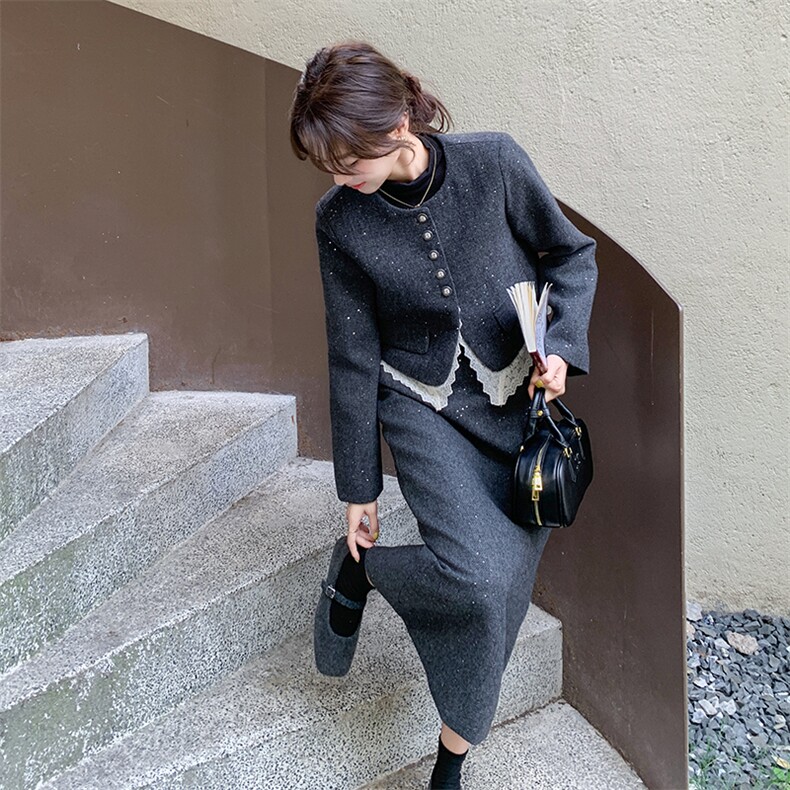 法式小香风毛呢套装裙女2025春秋新款名媛气质高级感半身裙两件套,女装套装/套裙,2C317