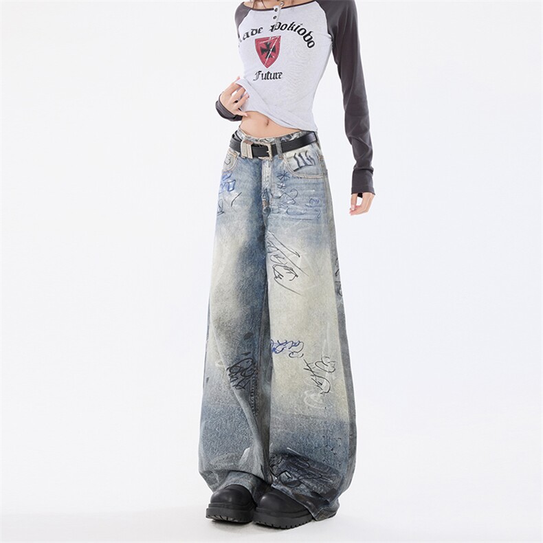 美式辣妹涂鸦印花牛仔裤女秋冬宽松垂感阔腿拖地长裤YD9064-P75,男装牛仔裤,星座509
