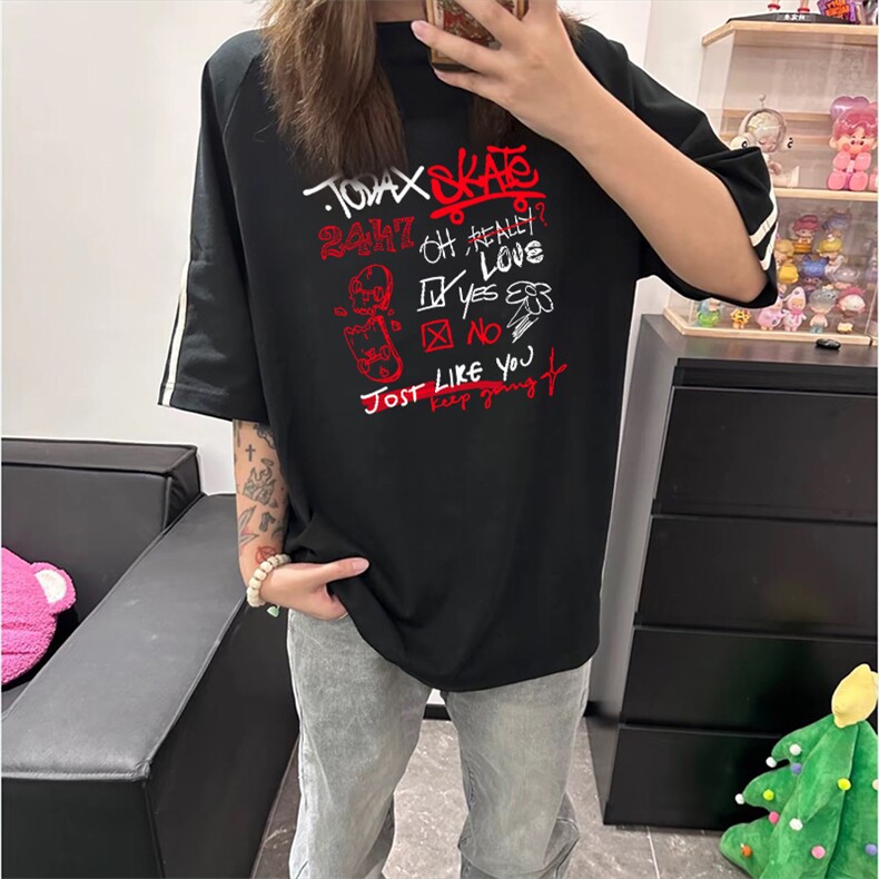 抖音得物高品质二开240克宽松纯棉美式潮牌三条杠织带短袖T恤,男装T恤,电商A486-1