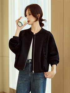 黑色圆领卫衣外套女2026春装新款木耳边显瘦夹克短款开衫休闲上衣图片