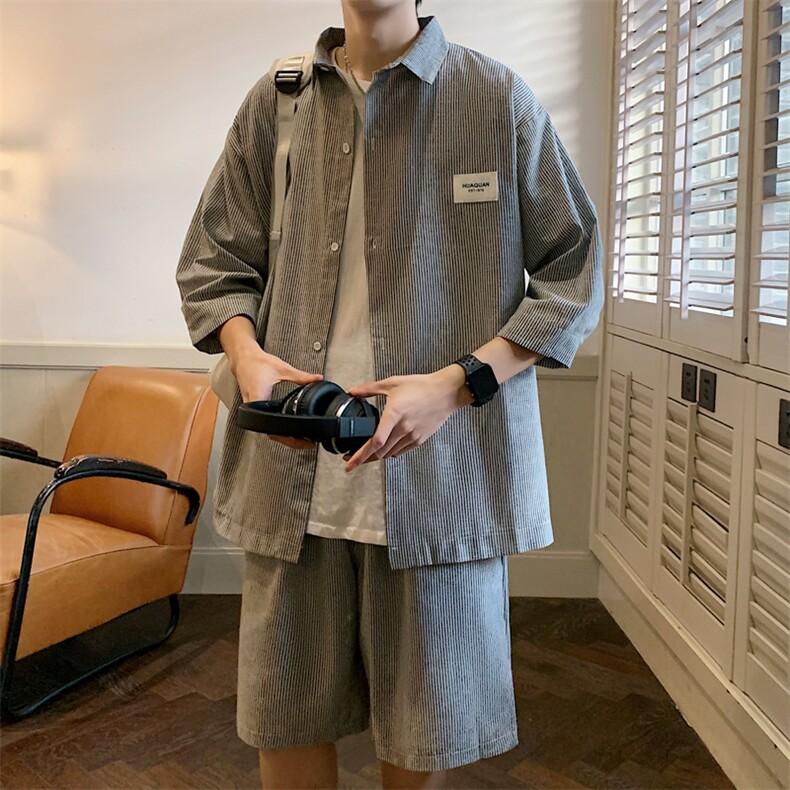 2026夏小清新条纹衬衫五分裤棉质宽松运动套装TZ8090/P65黑色，男装休闲套装，电商A094