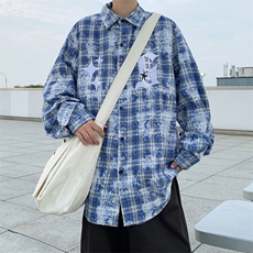 秋季美式扎染格子长袖情侣衬衫港风ins潮牌宽松外套男W6351-P40，男装衬衫，星座512-2