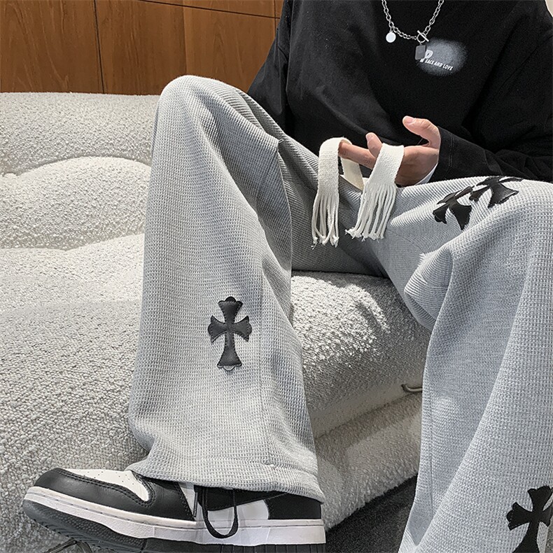 2026秋季高街十字架编织绳华夫格休闲裤长裤XZ604-KP54-P65控78，男装休闲裤，星座604