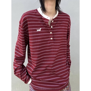 C316 T8357 P48特初秋新款条纹撞色长袖T恤个性T恤衫亨利领女装图片