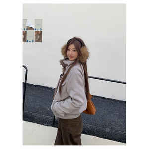 美式复古毛毛拼接立领机车夹克棉服男女冬季加绒加厚短棉衣外套潮图片