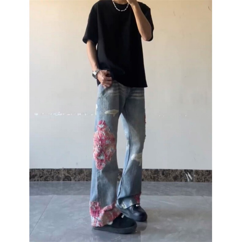 【网图】蕾丝拼接微喇牛仔裤直筒美式高街hiphop裤子NZK14LL-P65图片