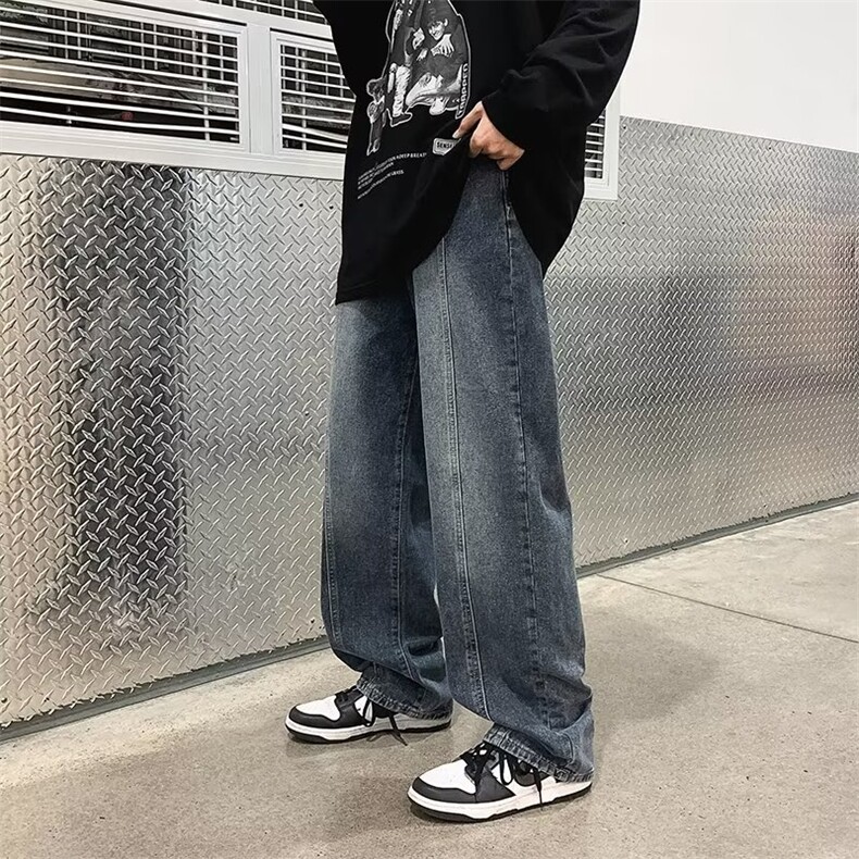 美式ins嘻哈高街做旧水洗阔腿裤直筒宽松中性牛仔裤男女N2033-P45图片