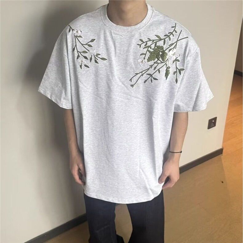 美式街头花卉刺绣圆领短袖t恤男款夏季复古宽松休闲半袖体恤DX24,男装T恤,星座1116A（原606A-3）