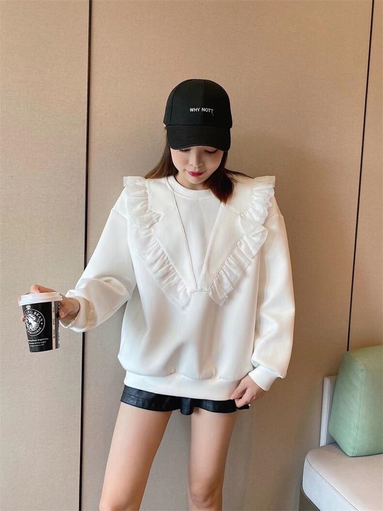 爱美欧现货，空气层花边领卫衣加厚，女装卫衣/绒衫，爱美欧