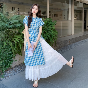 蓝色格子衬衫连衣裙套装女夏叠穿半身裙两件套流行爆款巨好看超火图片