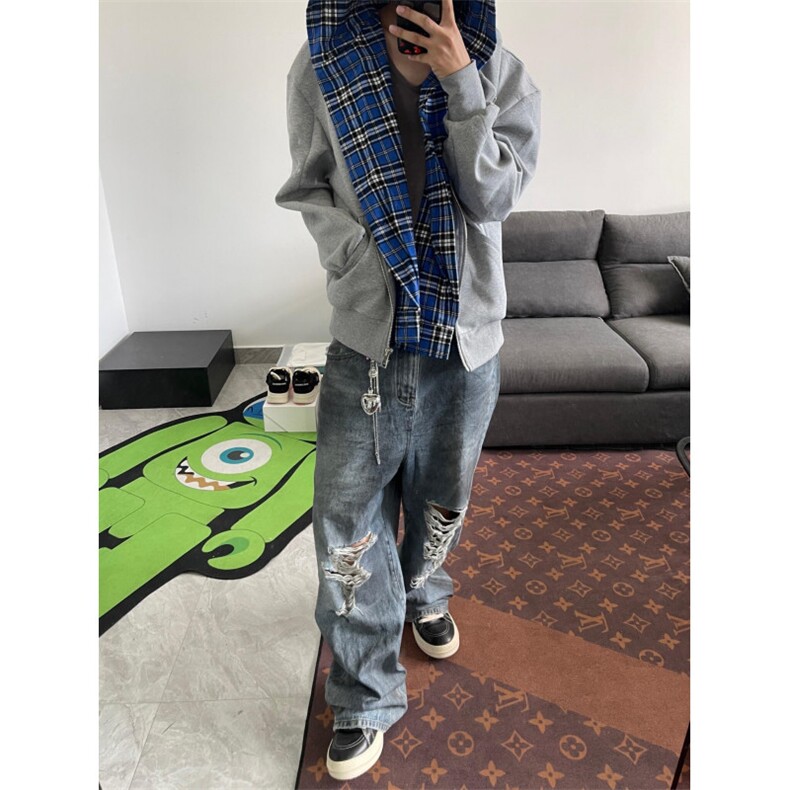 【有货】假两件格子拼接卫衣男款设计感连帽开衫外套JL97CC-特P68,男装卫衣,星座1007（原301D）