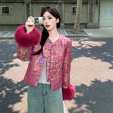 现货！2700A新中式提花圆领短款羽绒外套女配袖口狐狸毛条，女装羽绒服，衣秀之家