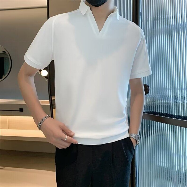 潮牌POLO衫男短袖夏季半截袖上衣痞帅高级感冰丝V领T恤PL011-P39图片