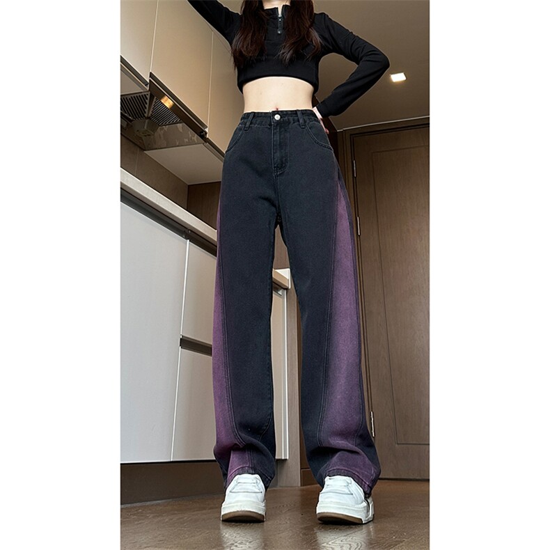 现货黑紫色拼接宽松阔腿直筒撞色休闲牛仔裤男女K5820-P50控78,男装牛仔裤,星座205