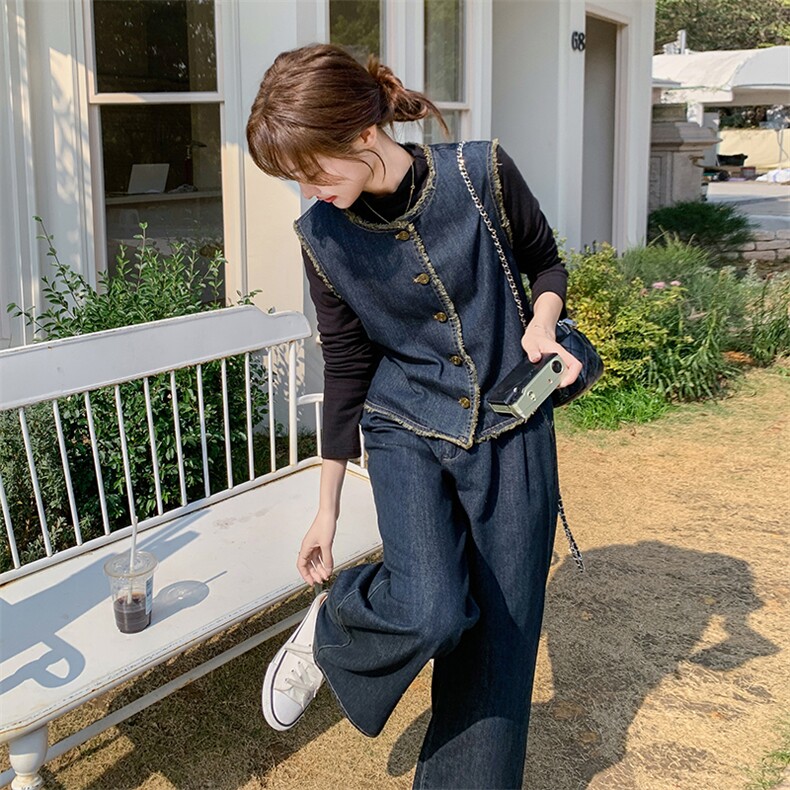 高级松弛感穿搭牛仔马甲套装女春季2025新款又a又飒阔腿裤三件套,女装套装/套裙,2C236