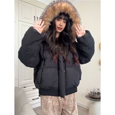 韩版甜美大毛领连帽黑色派克服棉袄女冬季保暖加厚美式面包服外套，男装棉衣，星座1210-1