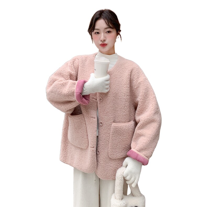 粉色短款皮毛一体羊羔毛外套女秋冬超火好看高级小众加绒加厚棉服,女装皮草,2C092