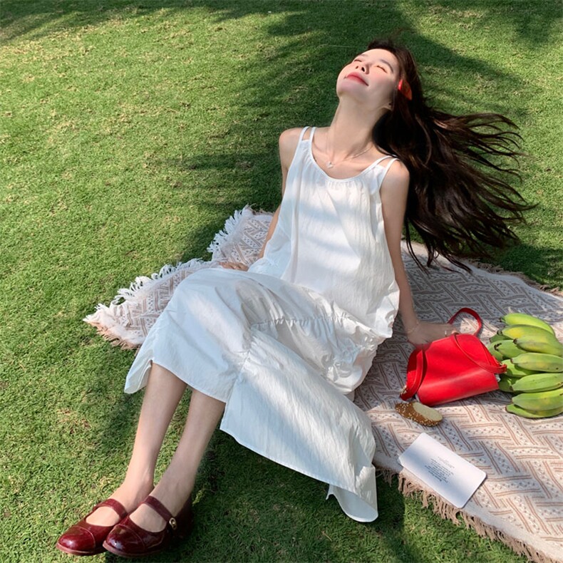 8869夏季棉质吊带长款连衣裙女2025法式抽绳褶皱长裙女P115k208,女装连衣裙,2D143