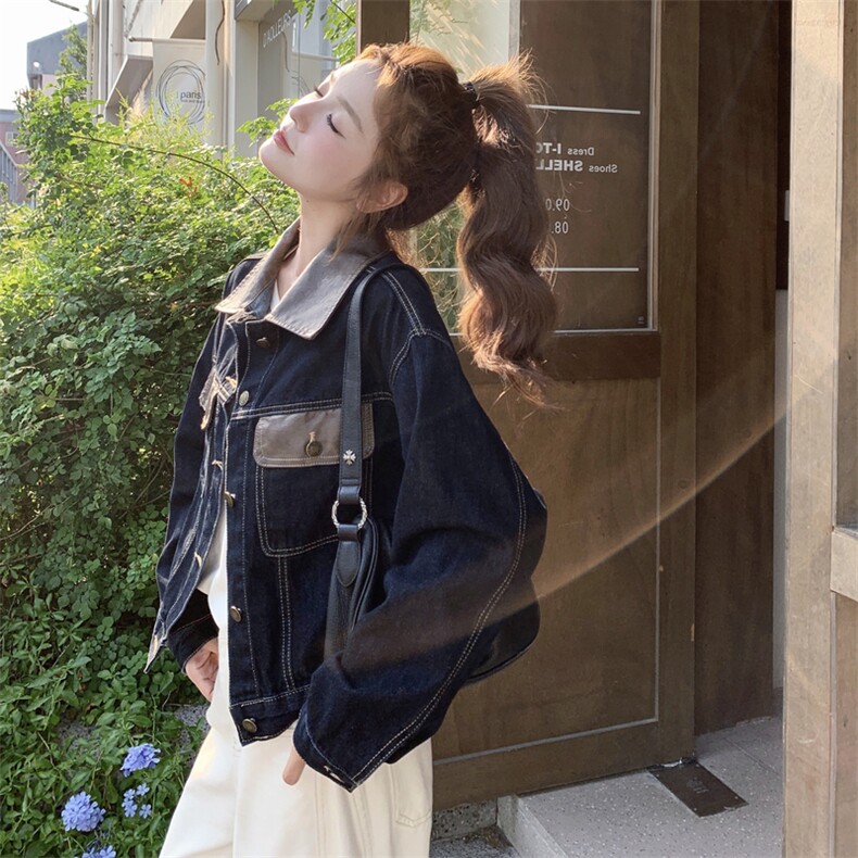 深蓝色复古PU皮翻领拼接牛仔外套女2025秋小个子气质休闲短款夹克,女装短外套,2C129