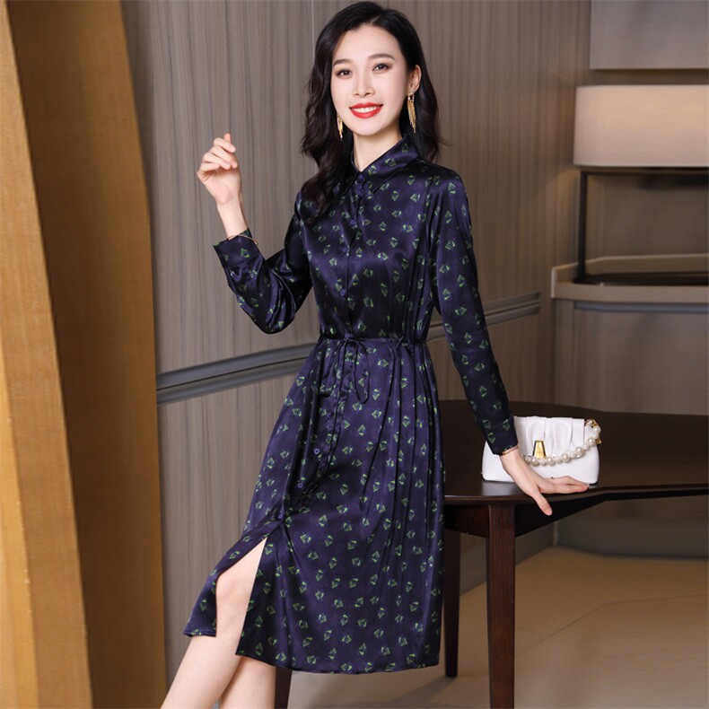 杭州重磅真丝连衣裙女夏季2026新款碎花裙中长款缎面真丝衬衫裙,女装连衣裙,阿舍尔精品
