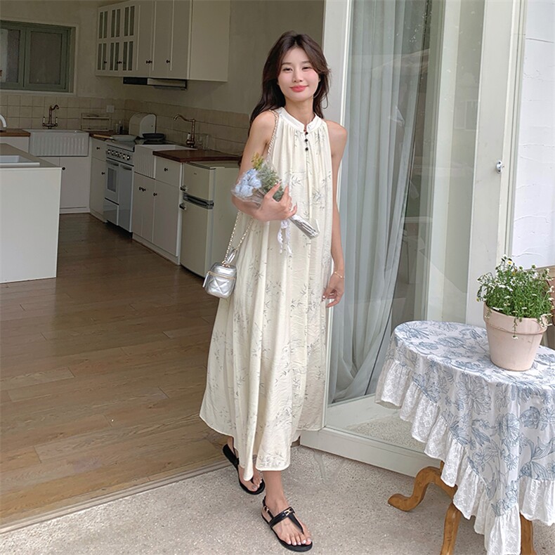 夏装新品挂脖飘带扣子设计无袖长款连衣裙2C050-1183-P115K168,女装连衣裙,2C050