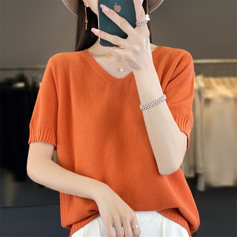 新款纯棉桂花针V领短袖女图片