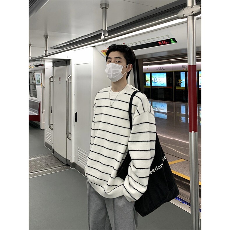 日系黑白条纹简约通勤针织衫男圆领宽松毛衣长袖上衣男 MU18图片