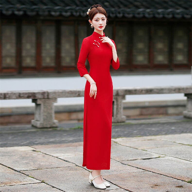 新中式风弹力网纱提花复合修身长款旗袍2552P145,女装汉服/婚纱/旗袍/礼服,乐衣轩