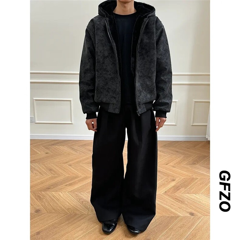 PU皮座山雕男女加绒保暖防兔毛棉衣外套M2566-P90图片