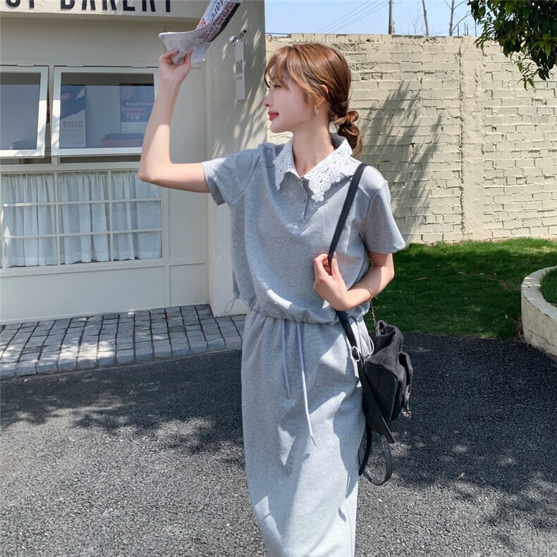 蕾丝灰色薄款短袖卫衣半身裙套装女夏2025新款两件套大方得体穿搭,女装套装/套裙,2D148