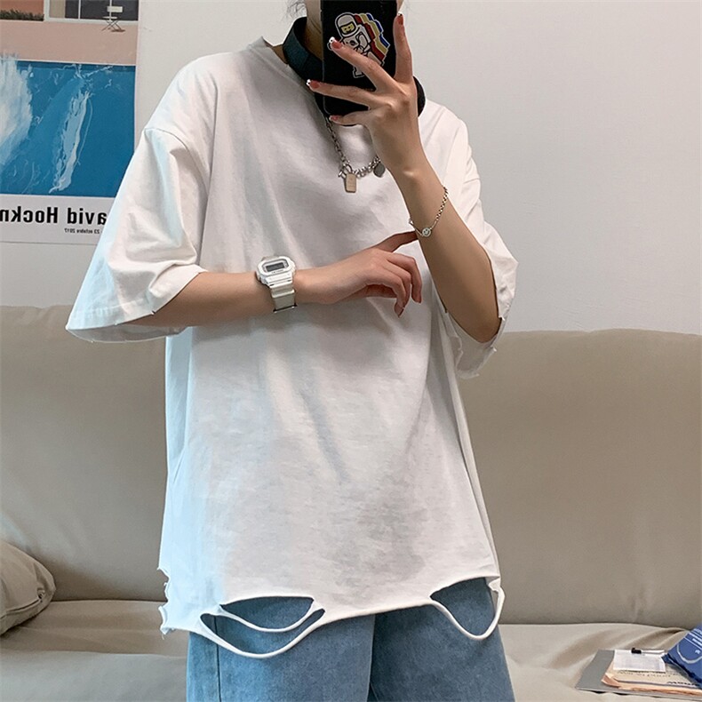 T2035-P25夏季潮破洞毛边复古宽松短袖中性男女情侣圆领t恤控38,男装T恤,电商A009A（原A058A）