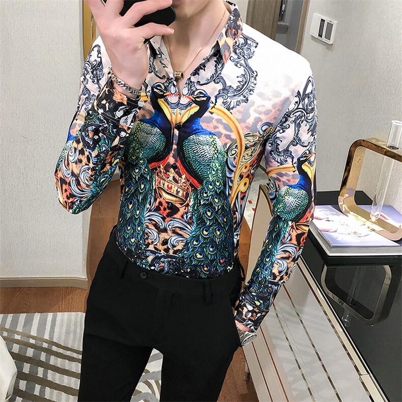 2021春秋男衬衫英伦长袖上衣印花男装韩版修身四季潮流衬衣H855-P55图片