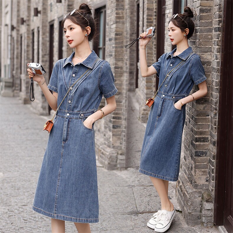 时尚显瘦牛仔连衣裙夏季新款气质淑女风百搭修身短袖裙装,女装连衣裙,秋水欣儿