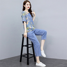 天丝牛仔套装女2024夏新款漂亮上衣宽松显瘦时尚九分裤薄款两件套，女装套装/套裙，魅影
