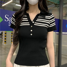 半开领白色短袖t恤女夏季新款设计感针织衫短款上衣，男装针织衫/毛衣，星座1210-1