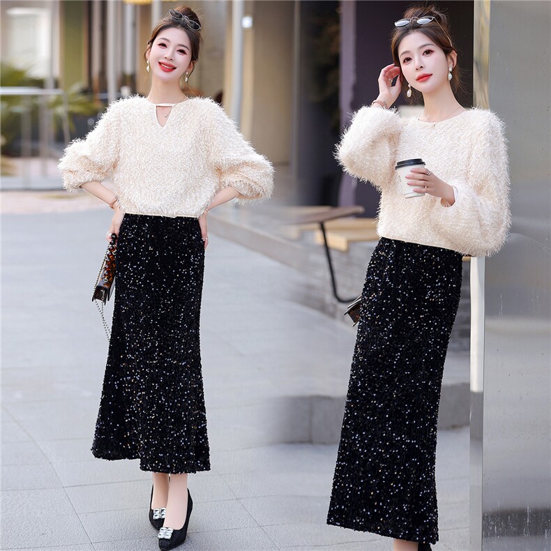 2025秋装新款简约时尚毛绒外套+珠片半身裙套装两件套，女装套装/套裙，罗腾