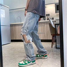 破洞牛仔裤男潮流宽松直筒乞丐裤刮烂九分裤N7103P38，男装牛仔裤，星座1116-2
