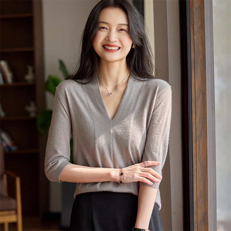 时尚气质百搭简约山羊绒女士自带领五分袖，女装羊绒衫，江帆羊绒