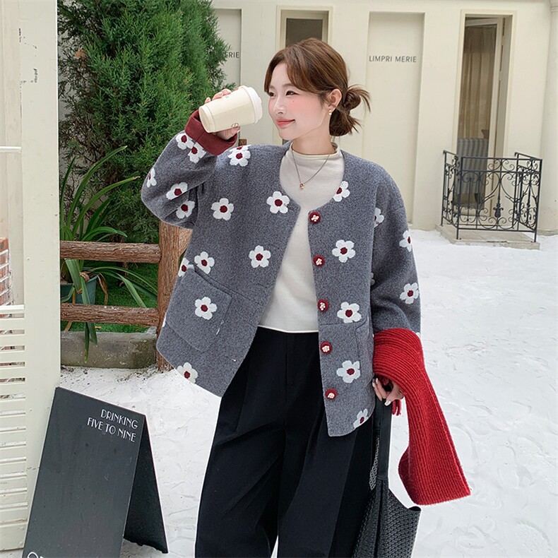 毛呢外套韩系小个子撞色印花呢子大衣女秋冬季，女装毛呢外套，浙宝113