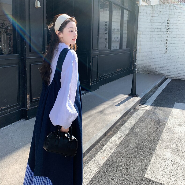 现货新款格子拼接牛仔学院风背带裙套装2C282-210P185K298,女装套装/套裙,2C282