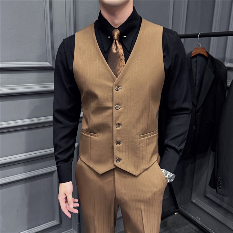 高品质~色织暗条纹西装马甲男坎肩时尚内搭背心糖咖色DMJ8062-P55图片
