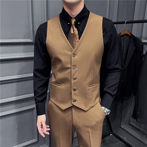 高品质~色织暗条纹西装马甲男坎肩时尚内搭背心糖咖色DMJ8062-P55图片