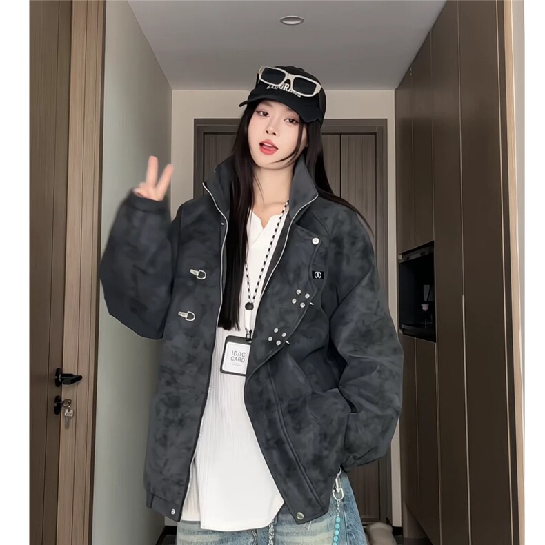 咖色扎染皮衣外套男款美拉德穿搭新中式夹克立领美式飞行员机车服,男装夹克,电商A028
