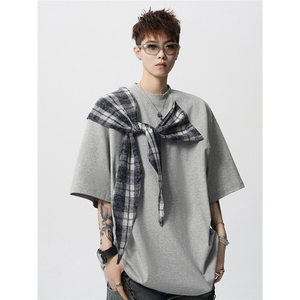 T10128-特批32 控58 曼巴棉大码撞色拼接个性小众T恤短袖潮图片