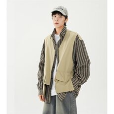 秋季假两件拼接马甲衬衫男宽松痞帅坎肩上衣外套网图JK2590-P58，男装衬衫，星座302B-3