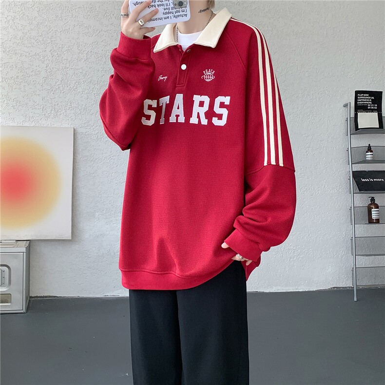 美式复古Polo领卫衣大码秋季重磅刺绣条纹上衣撞色外套WY5113/P65,女装短外套,电商B238