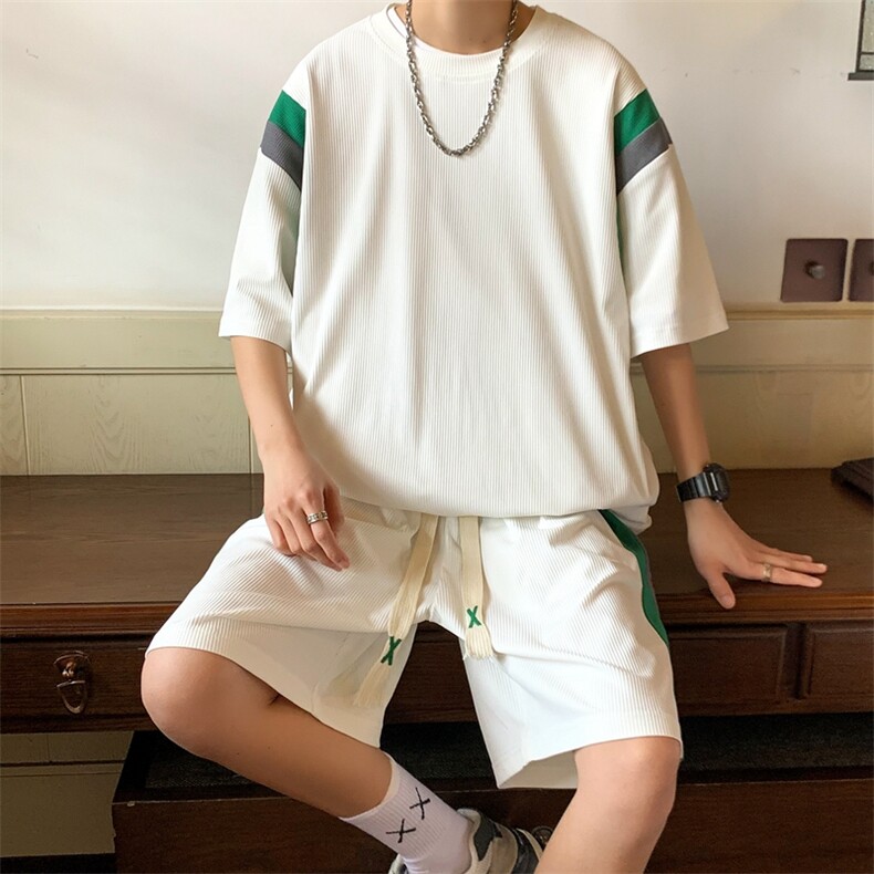 夏季新款青少年大码港风休闲拼接短袖五分裤运动套装男S16P50图片