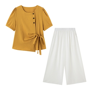 时尚休闲棉麻风套装女2025夏季新款绑带收腰短袖衬衫阔腿裤两件套图片