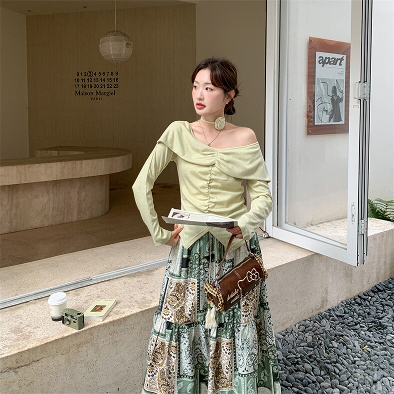 2026新款露肩上衣+花色半身裙两件套,女装套装/套裙,纯色衣恋