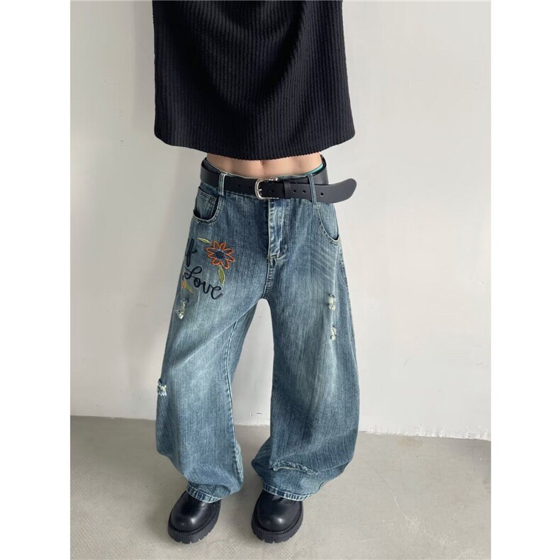 竹节美式高街牛仔裤男女韩版潮流刺绣2025夏季ins长裤K2875-P55图片